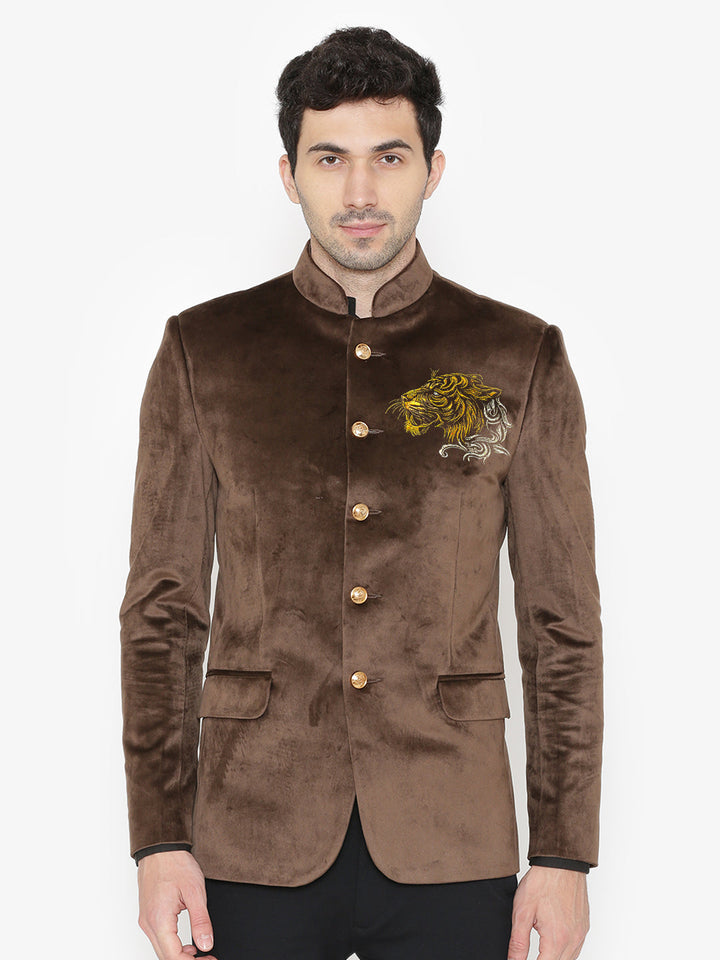 Gold Tiger-Embroidered Brown Velvet Bandhgala