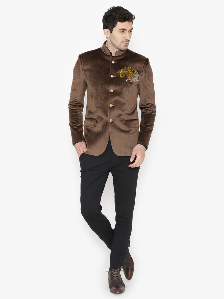 Gold Tiger-Embroidered Brown Velvet Bandhgala