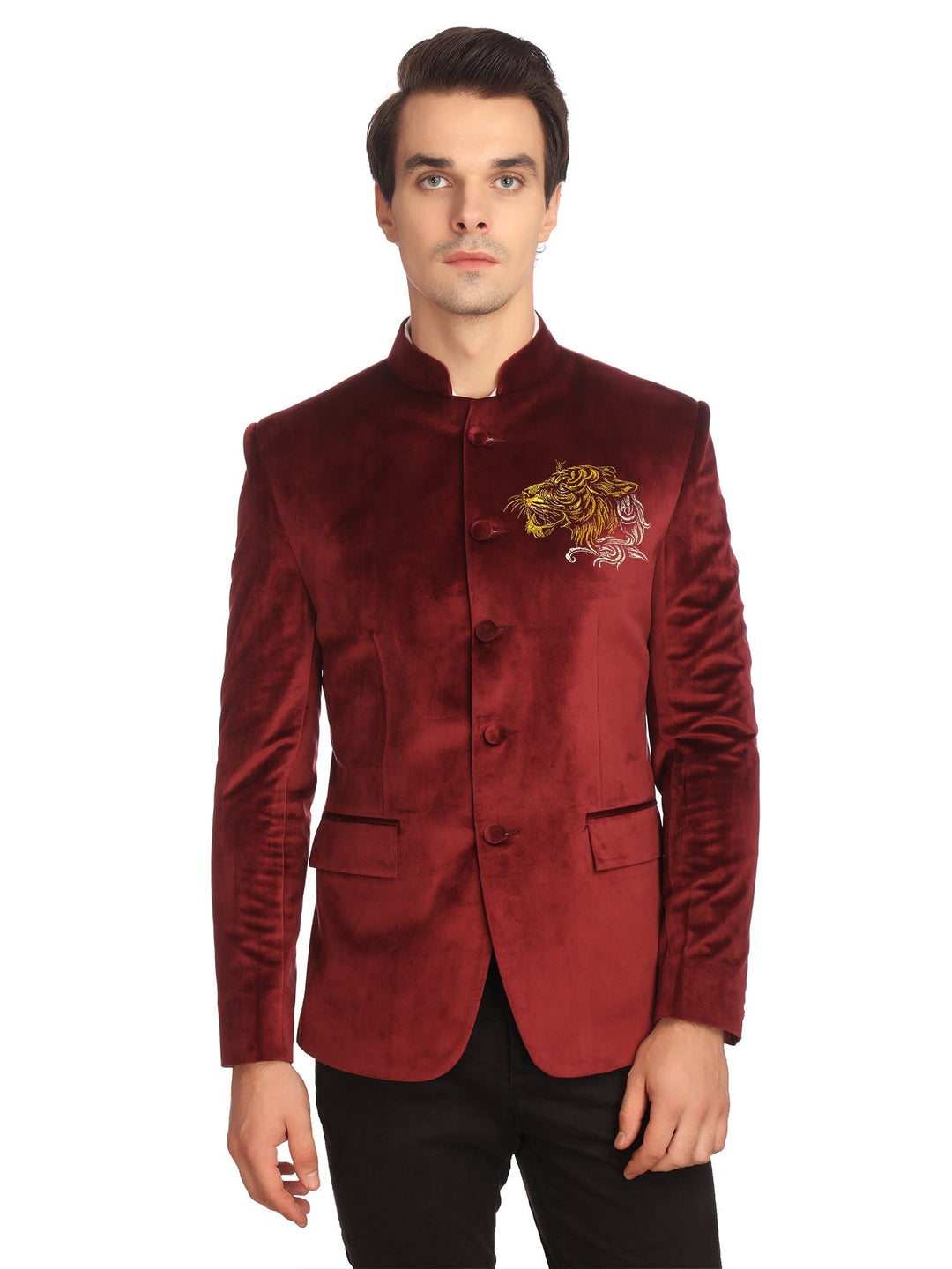 Gold Tiger-Embroidered Red Velvet Bandhgala