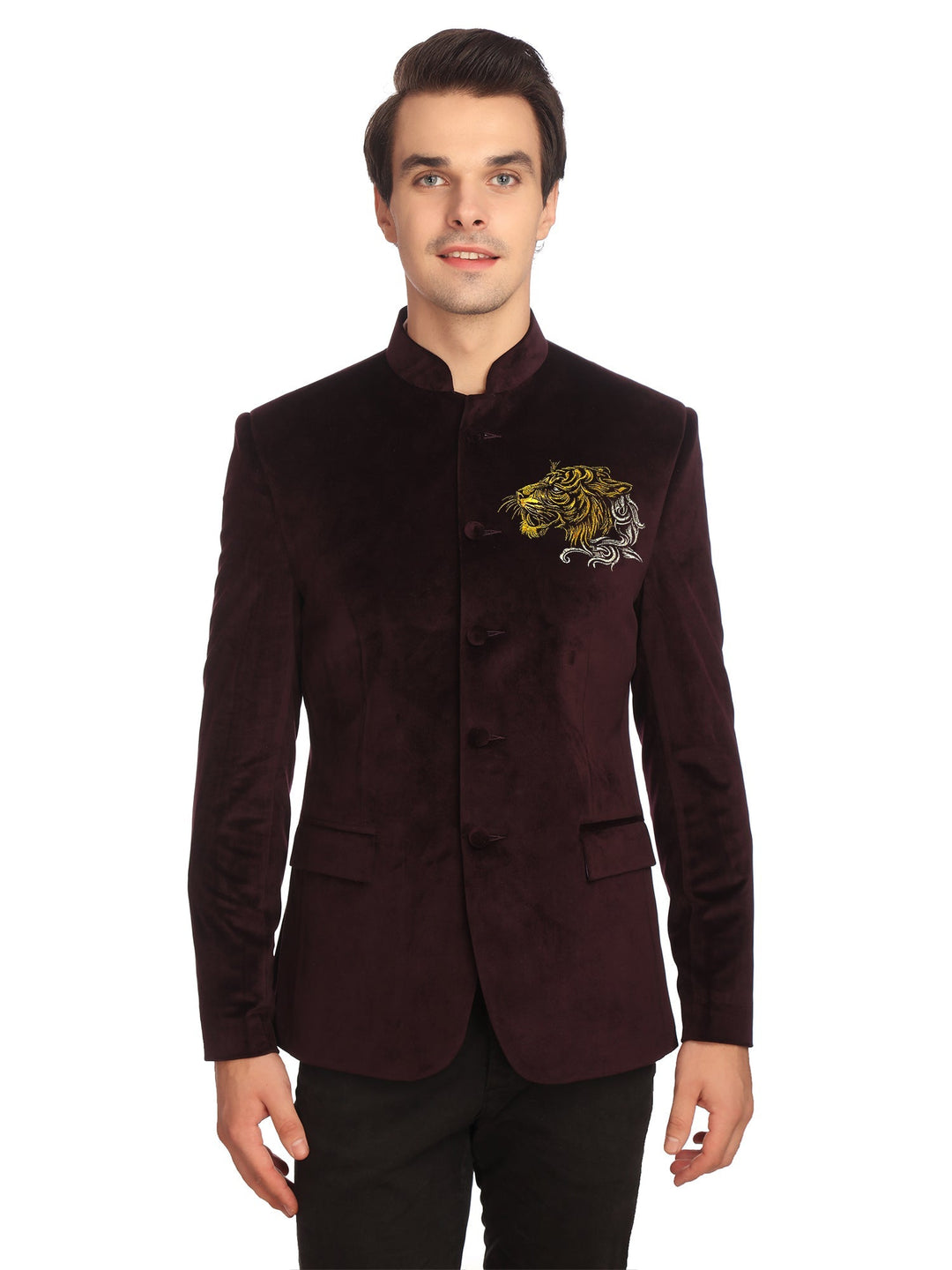 Gold Tiger-Embroidered Purple Velvet Bandhgala