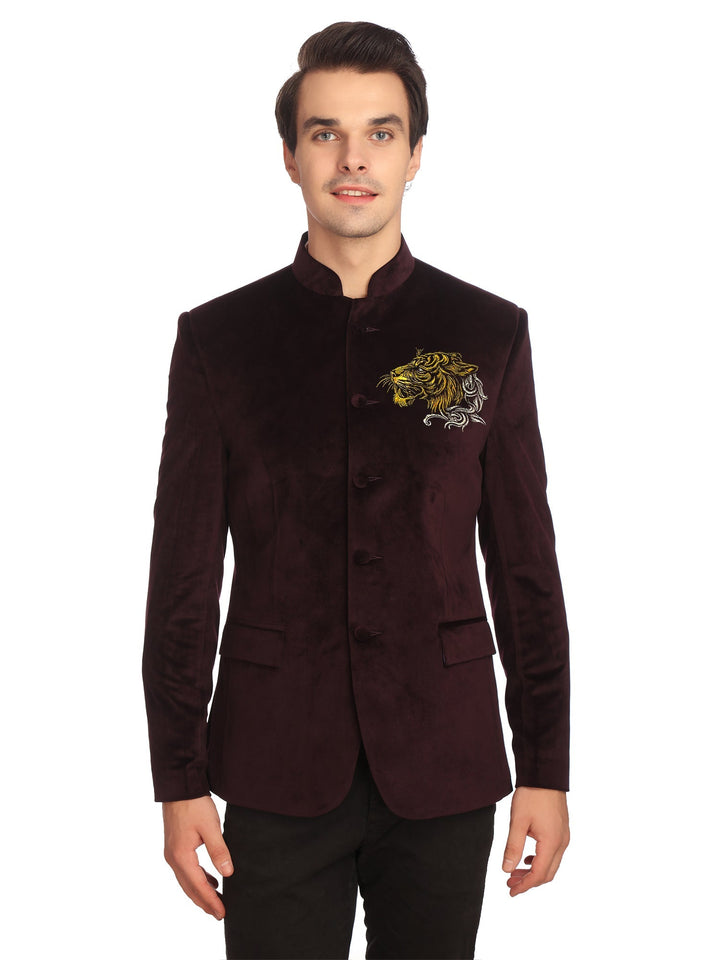 Gold Tiger-Embroidered Purple Velvet Bandhgala