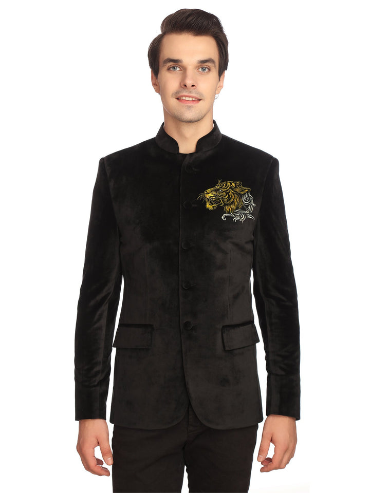 Gold Tiger-Embroidered Black Velvet Bandhgala