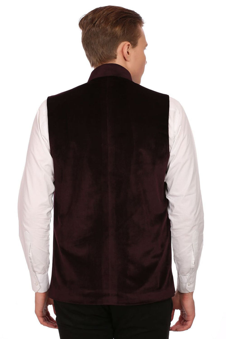 Red Velvet Nehru Jacket with Gold Embroidery