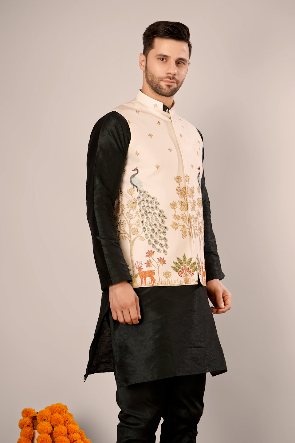 Banarasi Cotton Beige Nehru Jacket