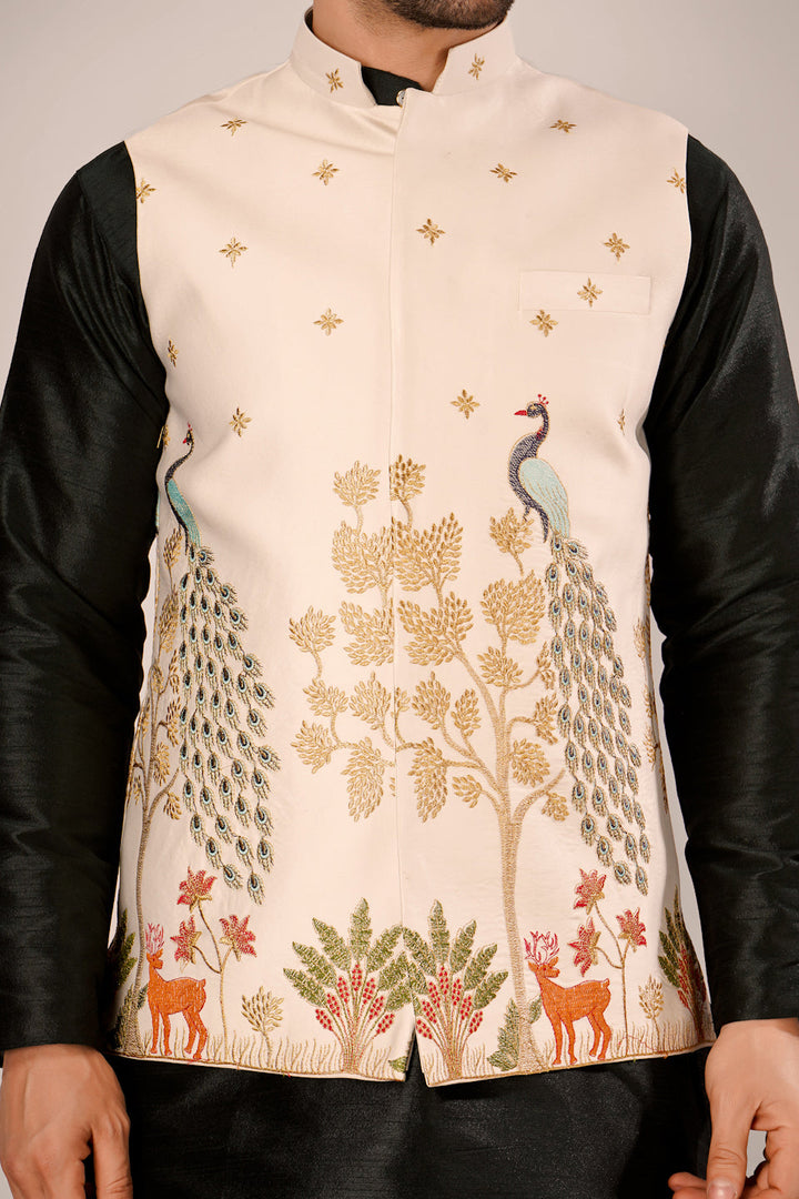 Banarasi Cotton Beige Nehru Jacket