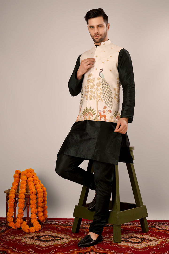 Banarasi Cotton Beige Nehru Jacket