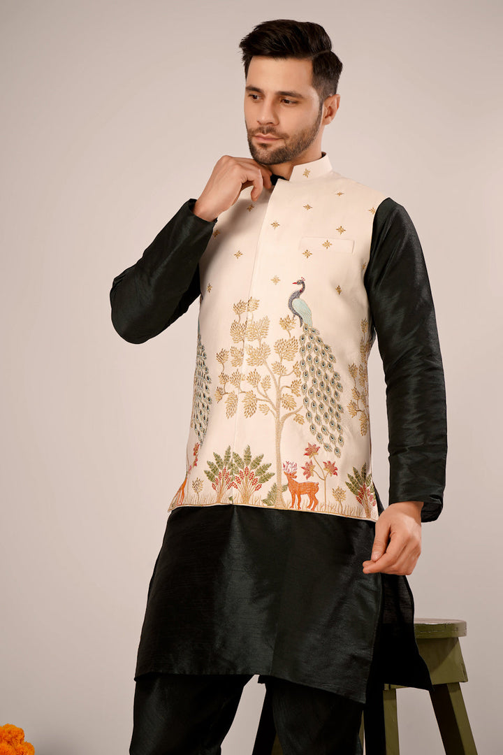 Buy Wintage Men's Banarasi Cotton white Nehru Jacket