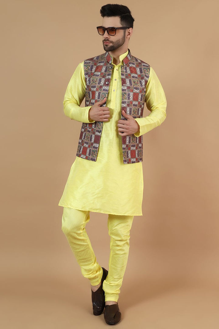 Digital Print Cotton Silk Yellow Modi Nehru Jacket & Kurta Pyjama Set