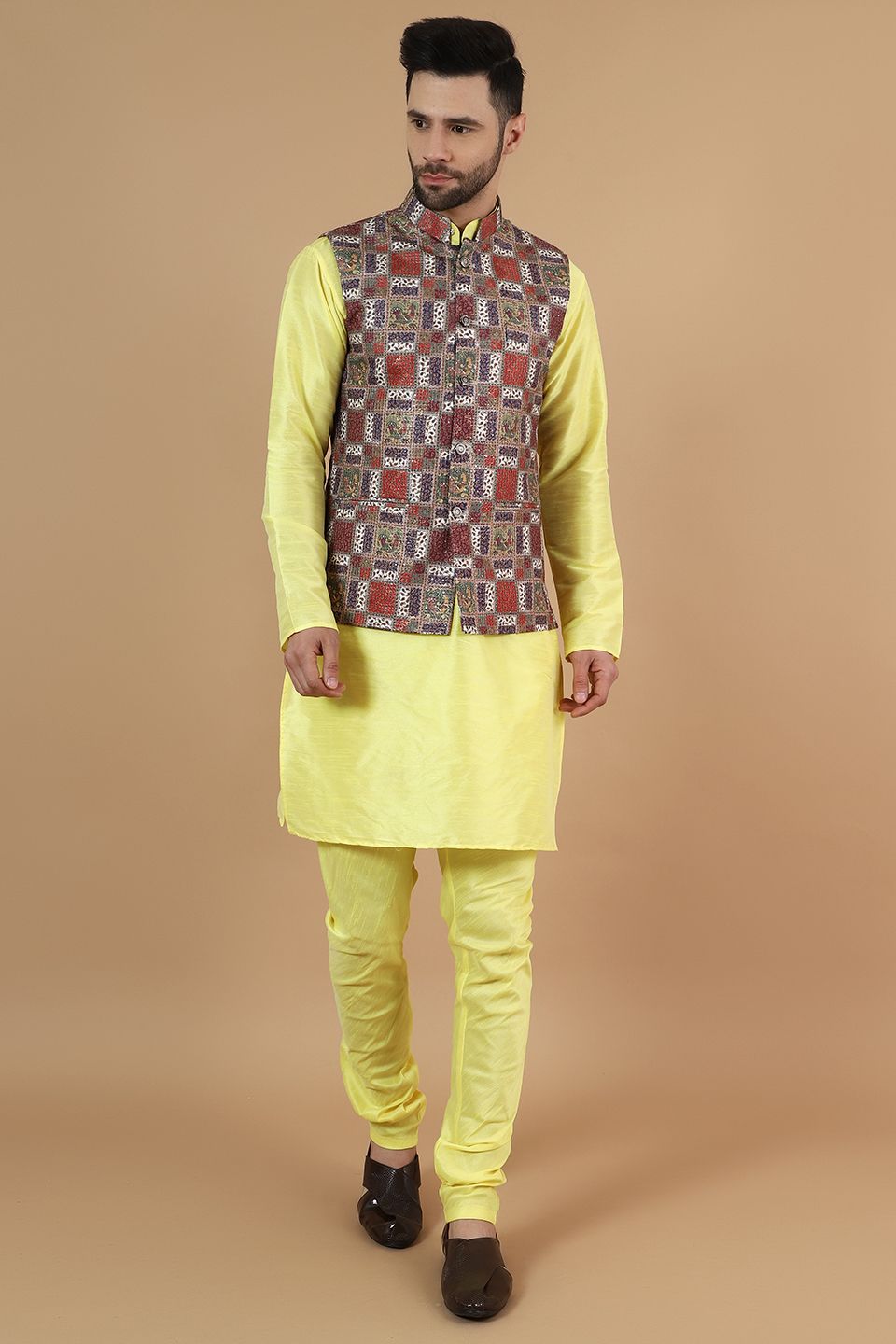 Digital Print Cotton Silk Yellow Modi Nehru Jacket & Kurta Pyjama Set