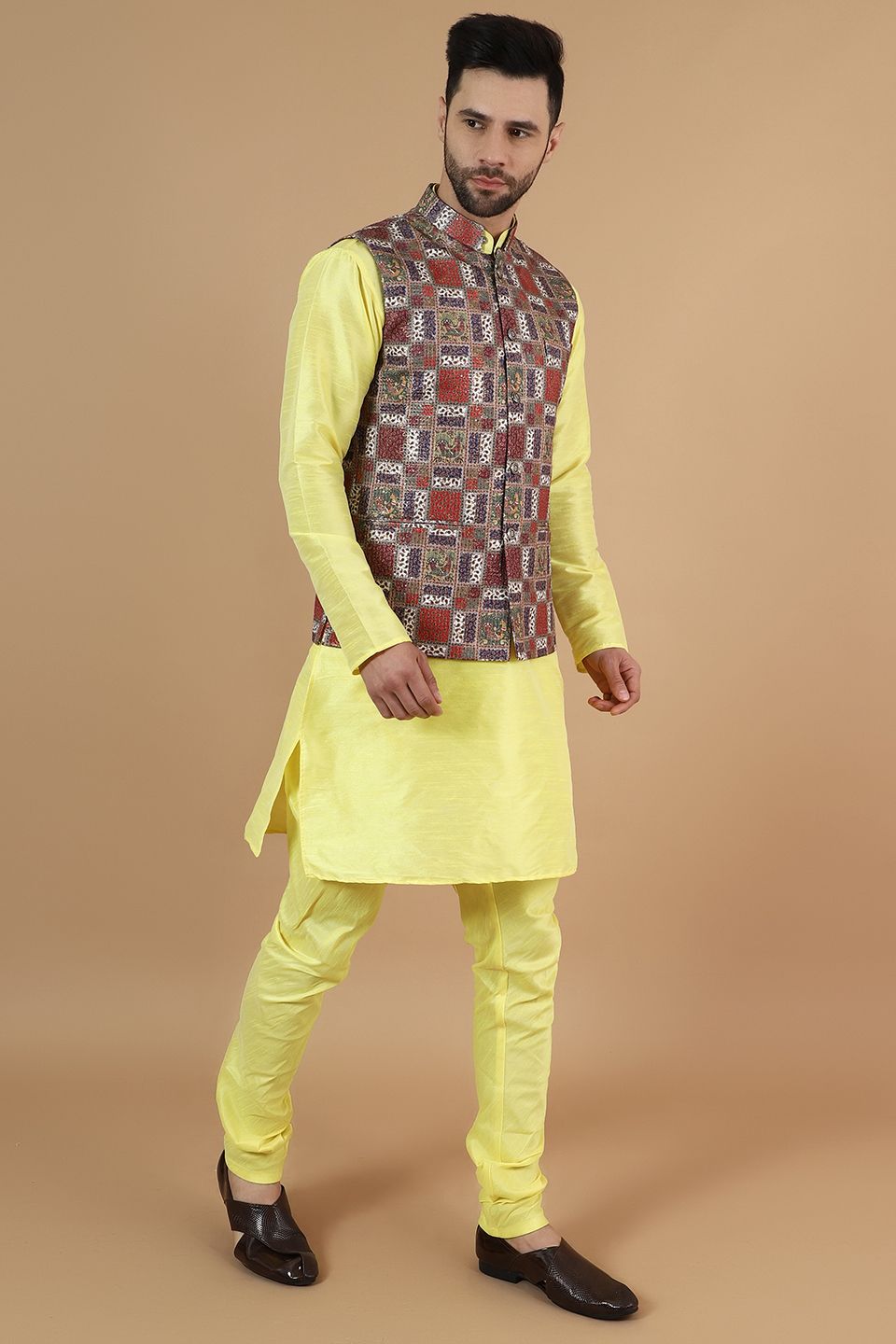 Digital Print Cotton Silk Yellow Modi Nehru Jacket & Kurta Pyjama Set