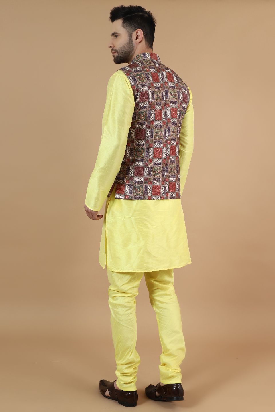 Digital Print Cotton Silk Yellow Modi Nehru Jacket & Kurta Pyjama Set