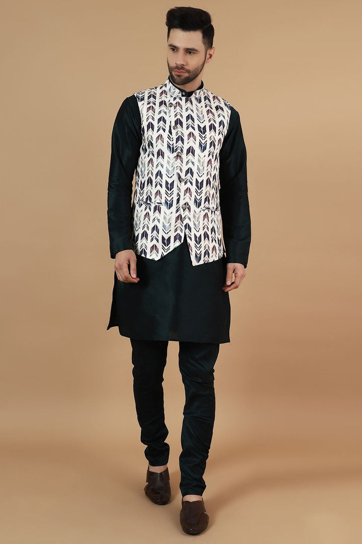 Digital Print Cotton Silk Black Modi Nehru Jacket & Kurta Pyjama Set