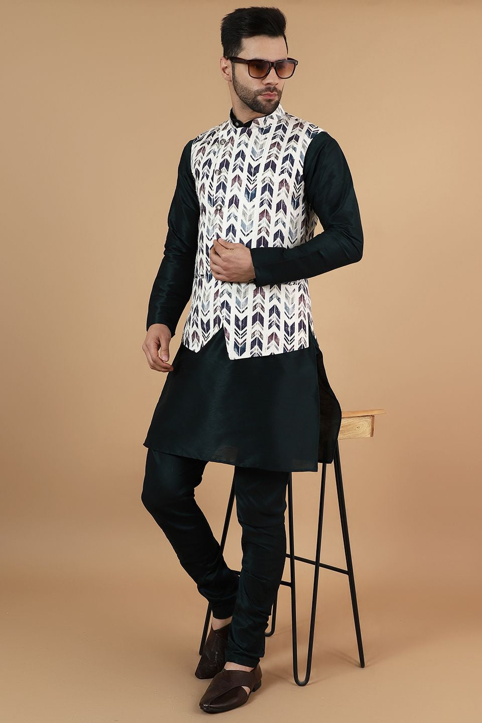 Digital Print Cotton Silk Black Modi Nehru Jacket & Kurta Pyjama Set