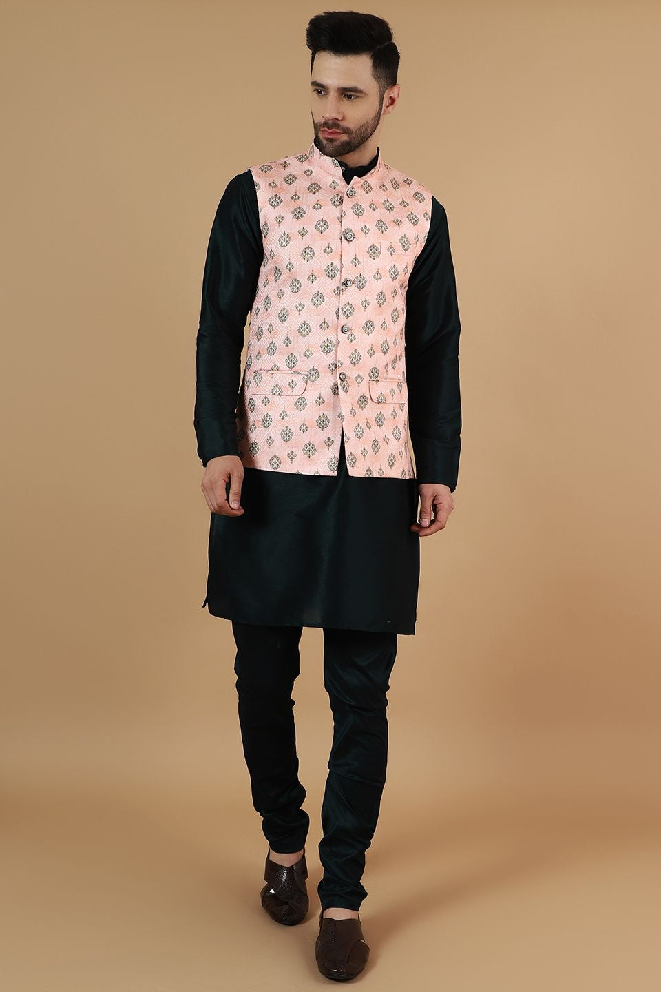 Digital Print Cotton Silk Black Modi Nehru Jacket & Kurta Pyjama Set