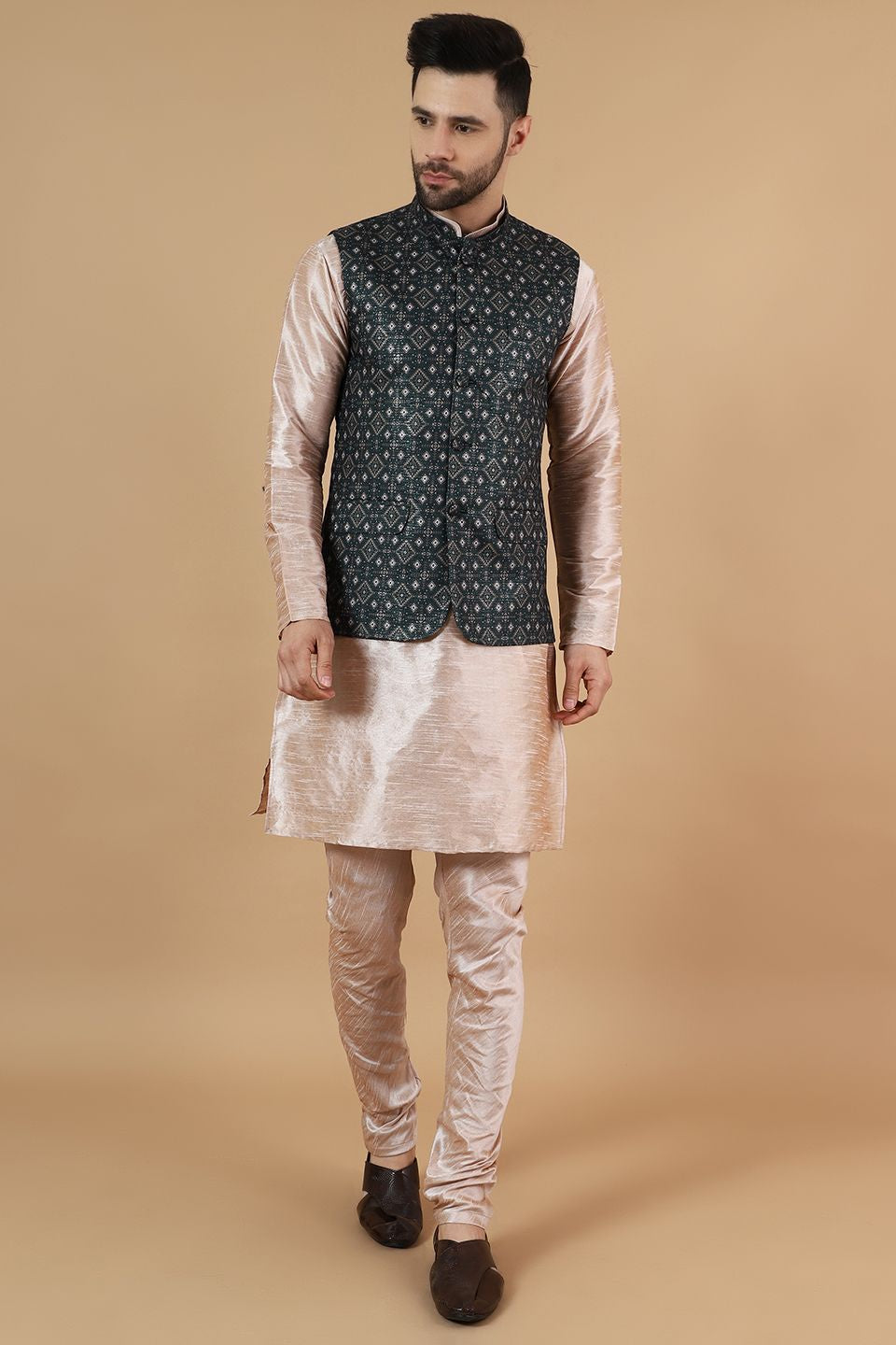 Digital Print Cotton Silk Pink Modi Nehru Jacket & Kurta Pyjama Set