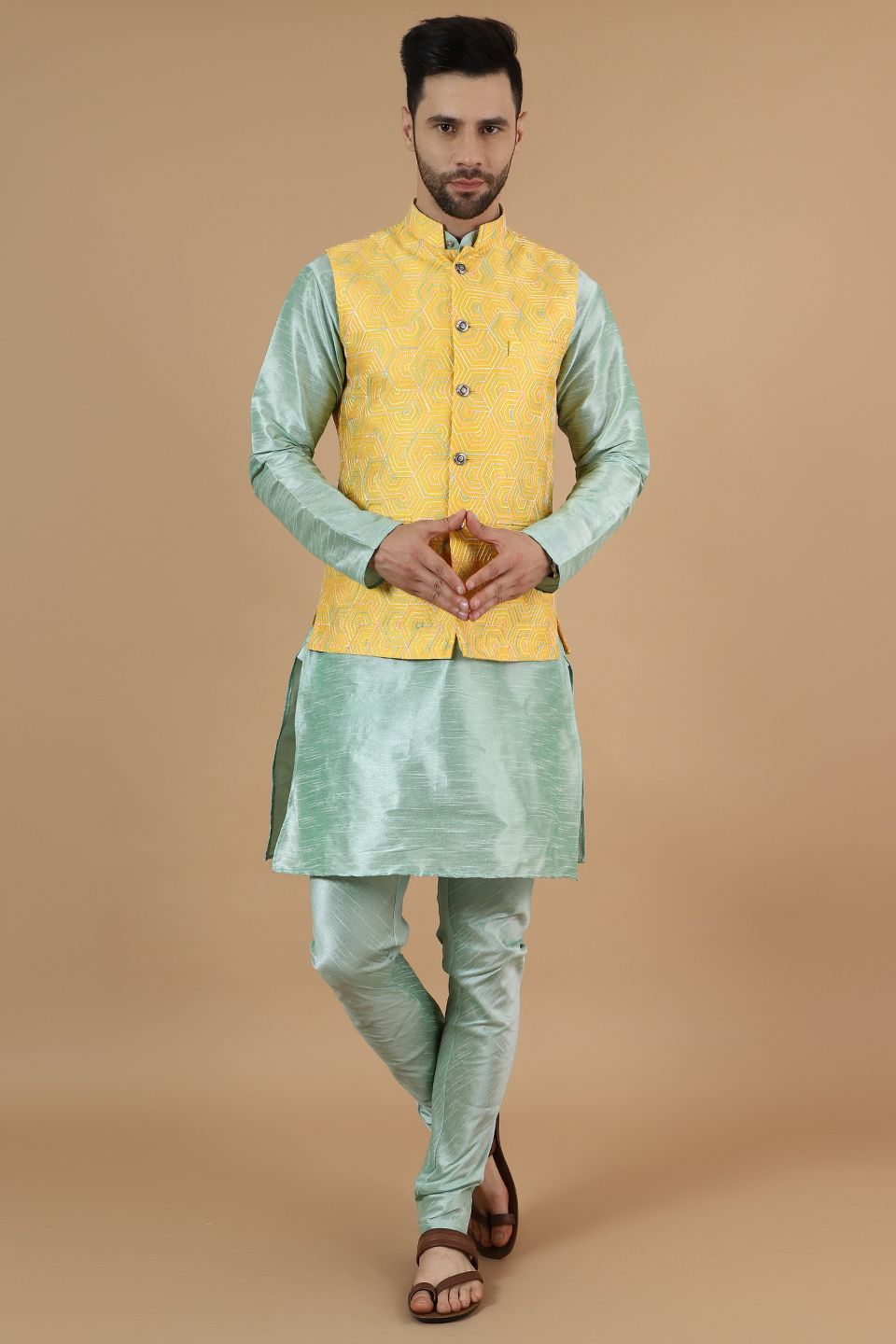 Digital Print Cotton Silk Green Modi Nehru Jacket & Kurta Pyjama Set