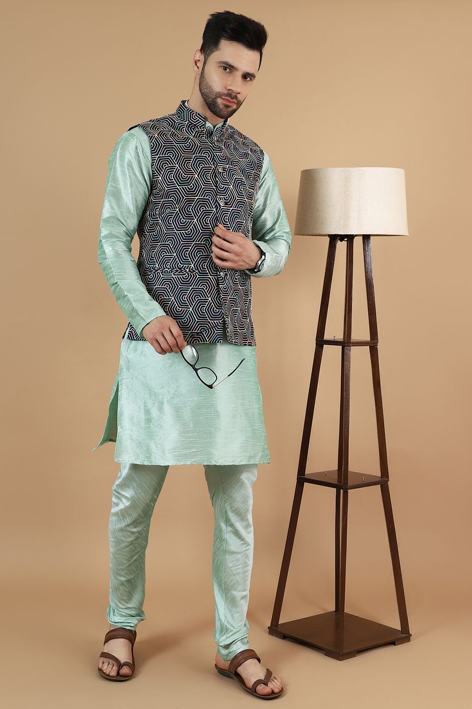 Digital Print Cotton Silk Green Modi Nehru Jacket & Kurta Pyjama Set