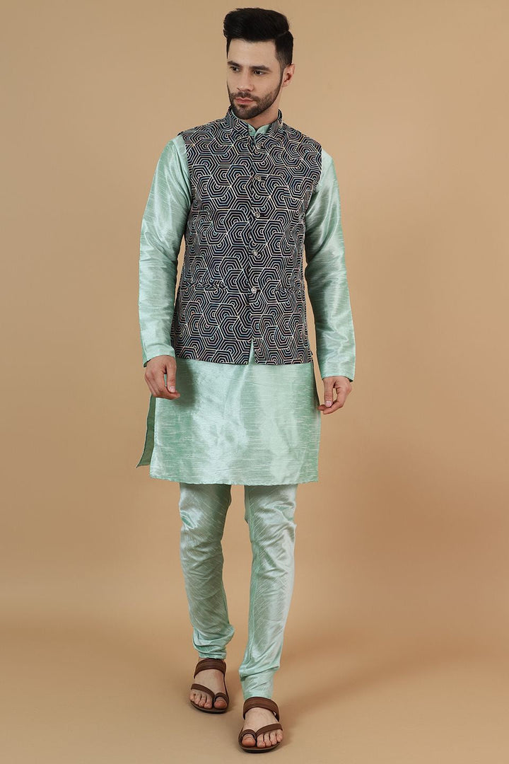 Digital Print Cotton Silk Green Modi Nehru Jacket & Kurta Pyjama Set