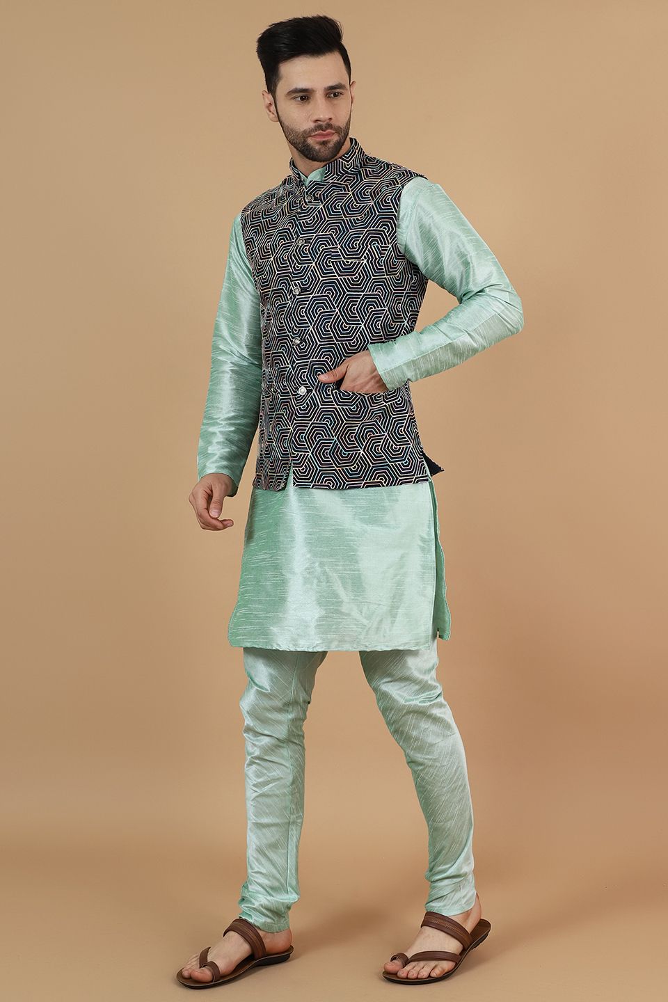 Digital Print Cotton Silk Green Modi Nehru Jacket & Kurta Pyjama Set