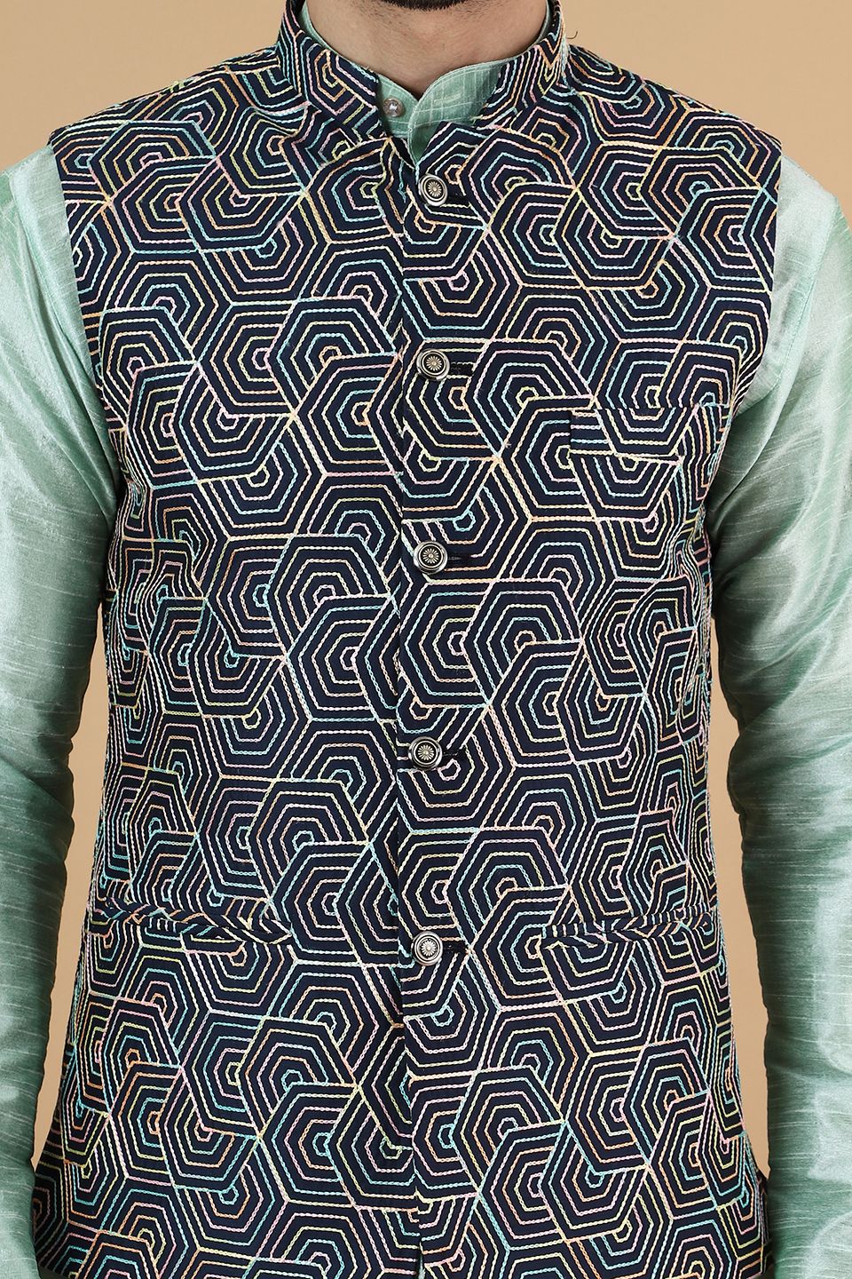 Digital Print Cotton Silk Green Modi Nehru Jacket & Kurta Pyjama Set