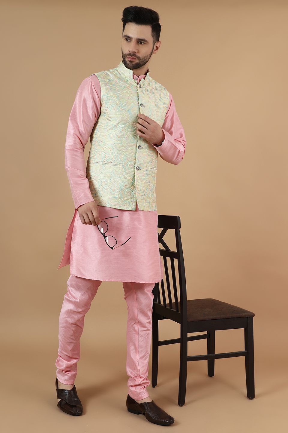 Digital Print Cotton Silk Pink Modi Nehru Jacket & Kurta Pyjama Set