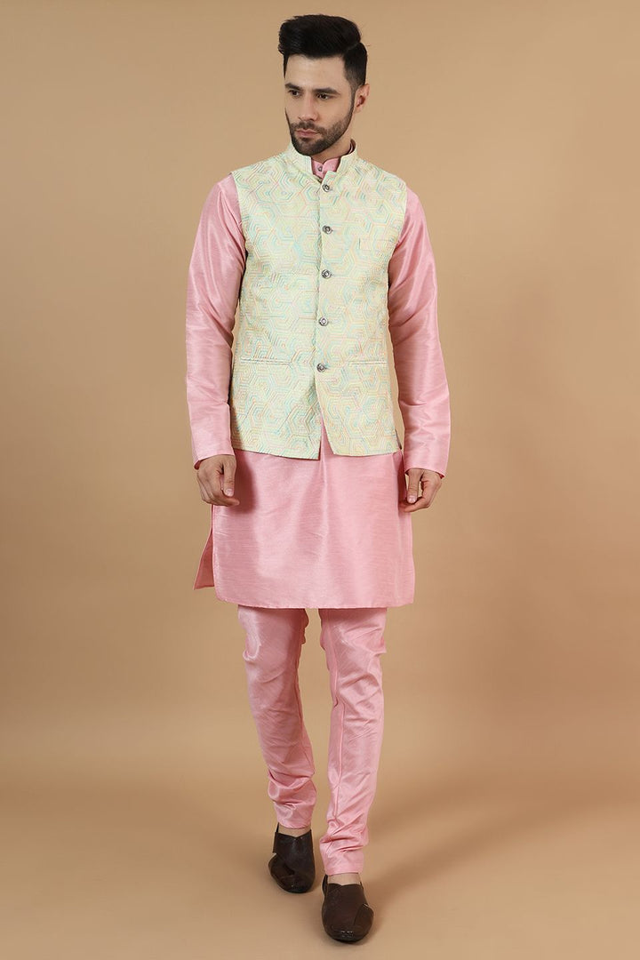 Digital Print Cotton Silk Pink Modi Nehru Jacket & Kurta Pyjama Set