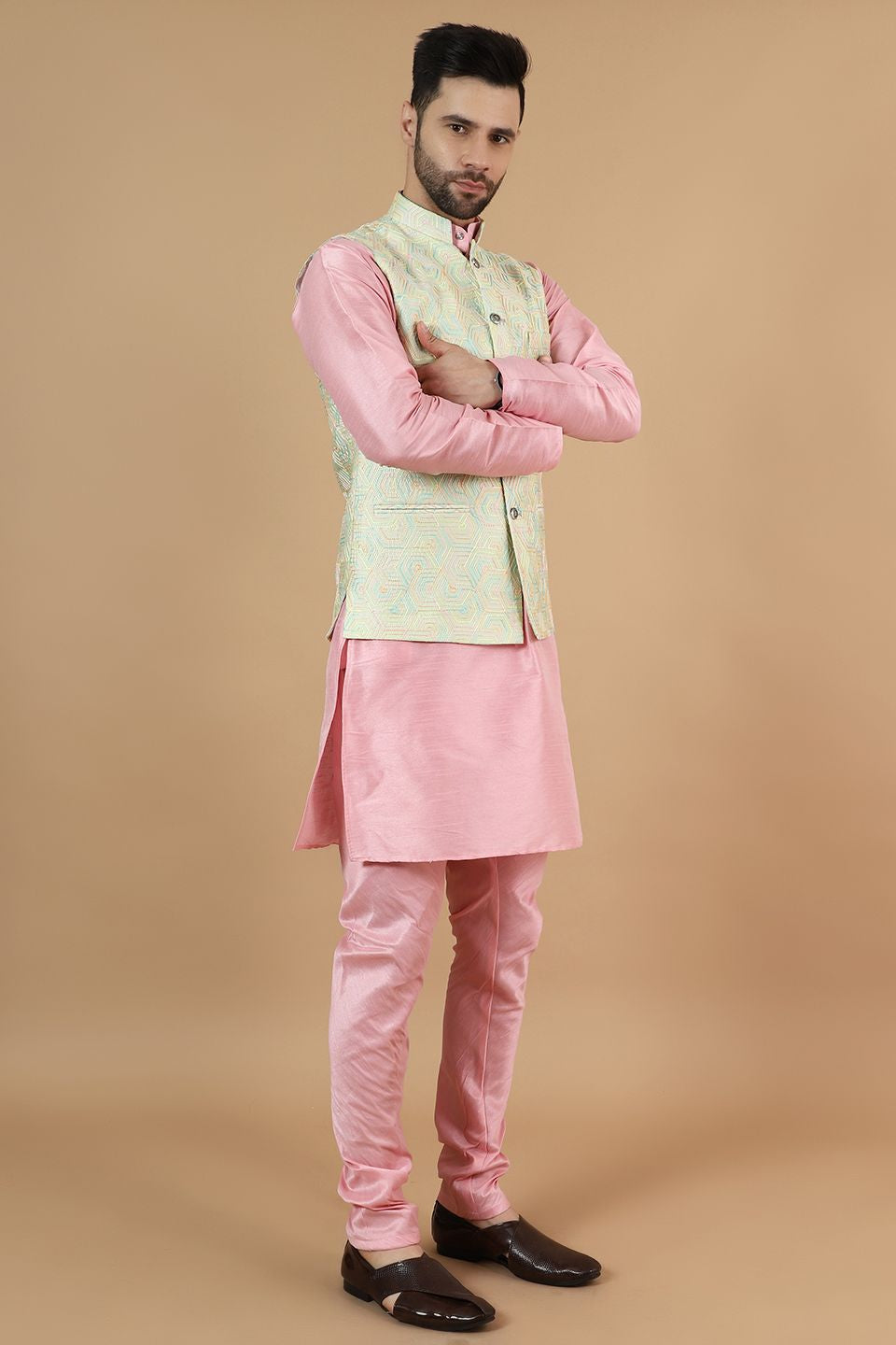 Digital Print Cotton Silk Pink Modi Nehru Jacket & Kurta Pyjama Set