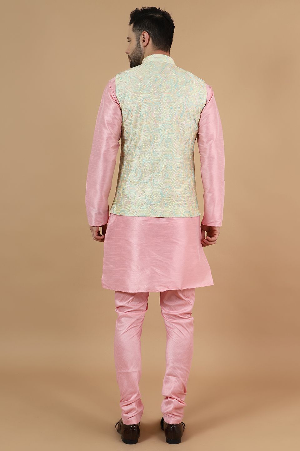 Digital Print Cotton Silk Pink Modi Nehru Jacket & Kurta Pyjama Set