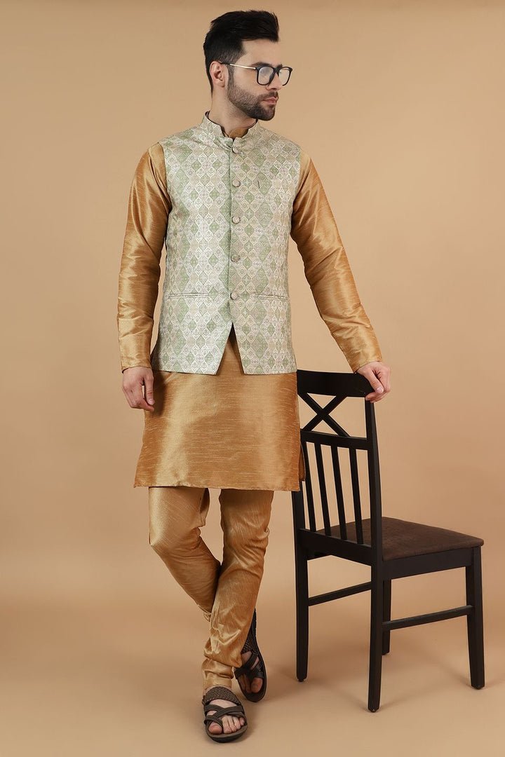 Digital Print Cotton Silk Brown Modi Nehru Jacket & Kurta Pyjama Set