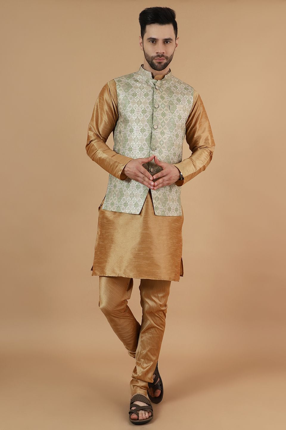 Digital Print Cotton Silk Brown Modi Nehru Jacket & Kurta Pyjama Set