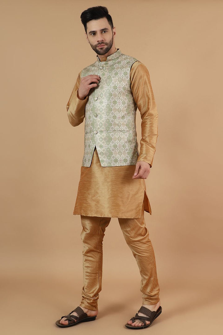 Digital Print Cotton Silk Brown Modi Nehru Jacket & Kurta Pyjama Set