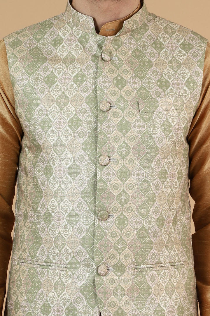 Digital Print Cotton Silk Brown Modi Nehru Jacket & Kurta Pyjama Set