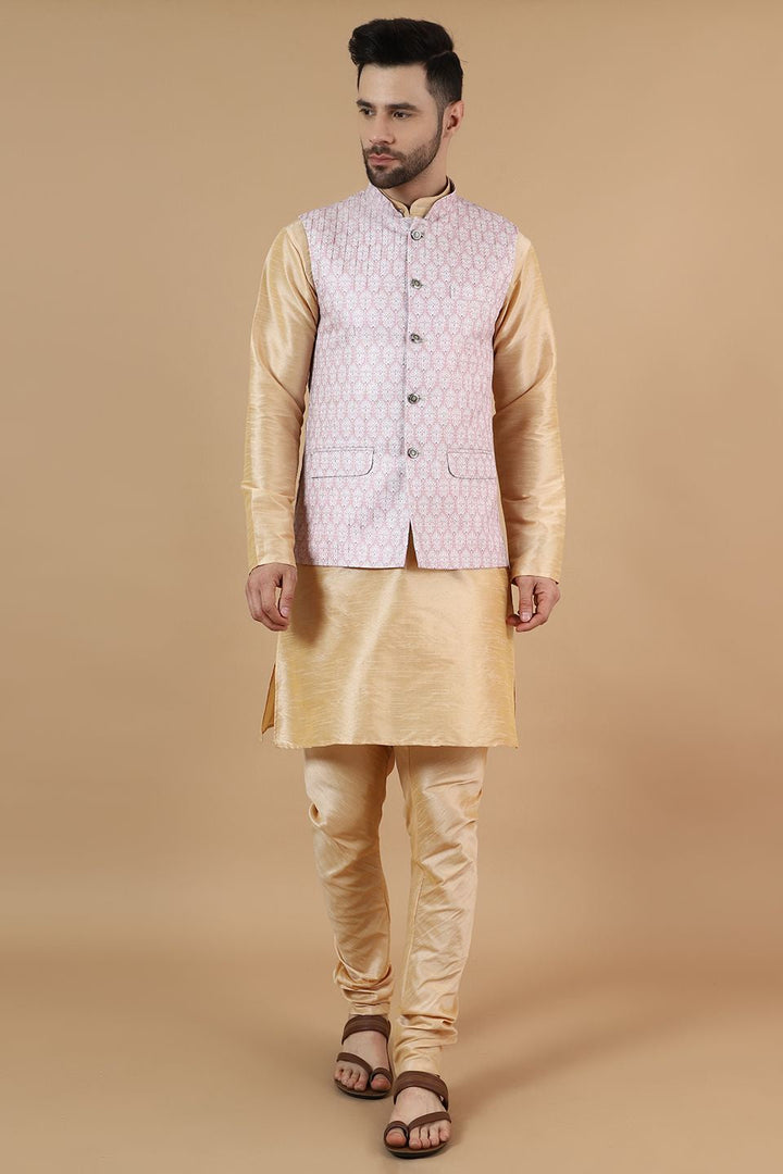 Digital Print Cotton Silk Gold Modi Nehru Jacket & Kurta Pyjama Set