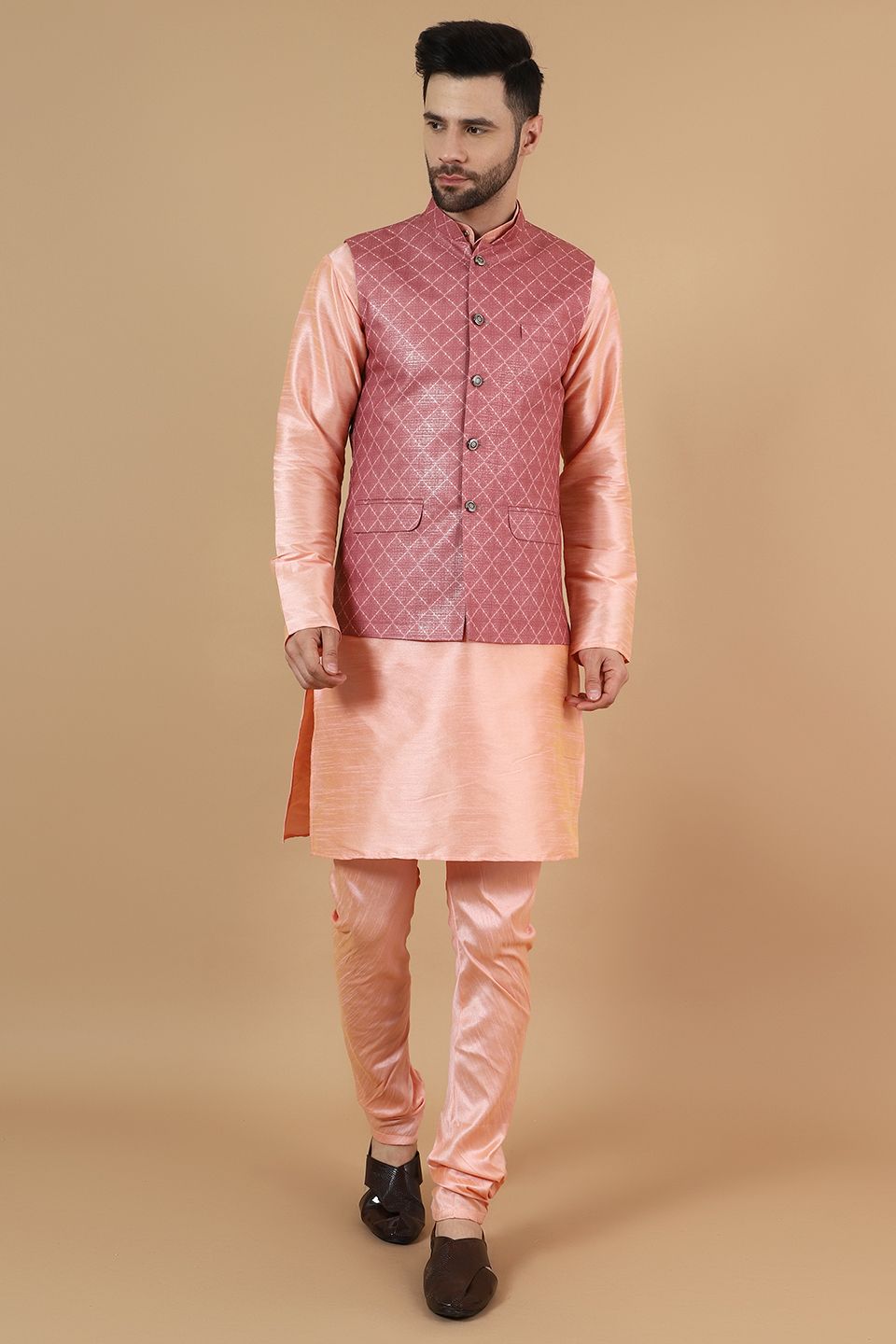 Digital Print Cotton Silk Pink Modi Nehru Jacket & Kurta Pyjama Set