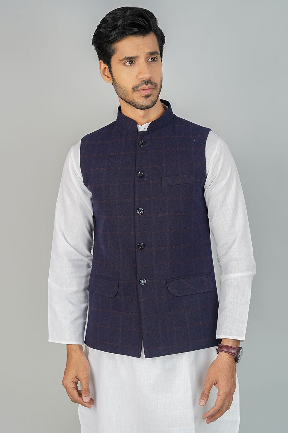Tweed Check Blue Nehru Jacket