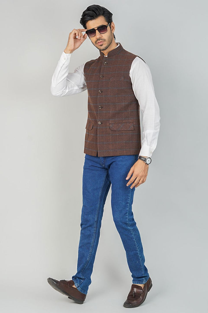 Tweed Check Brown Nehru Jacket