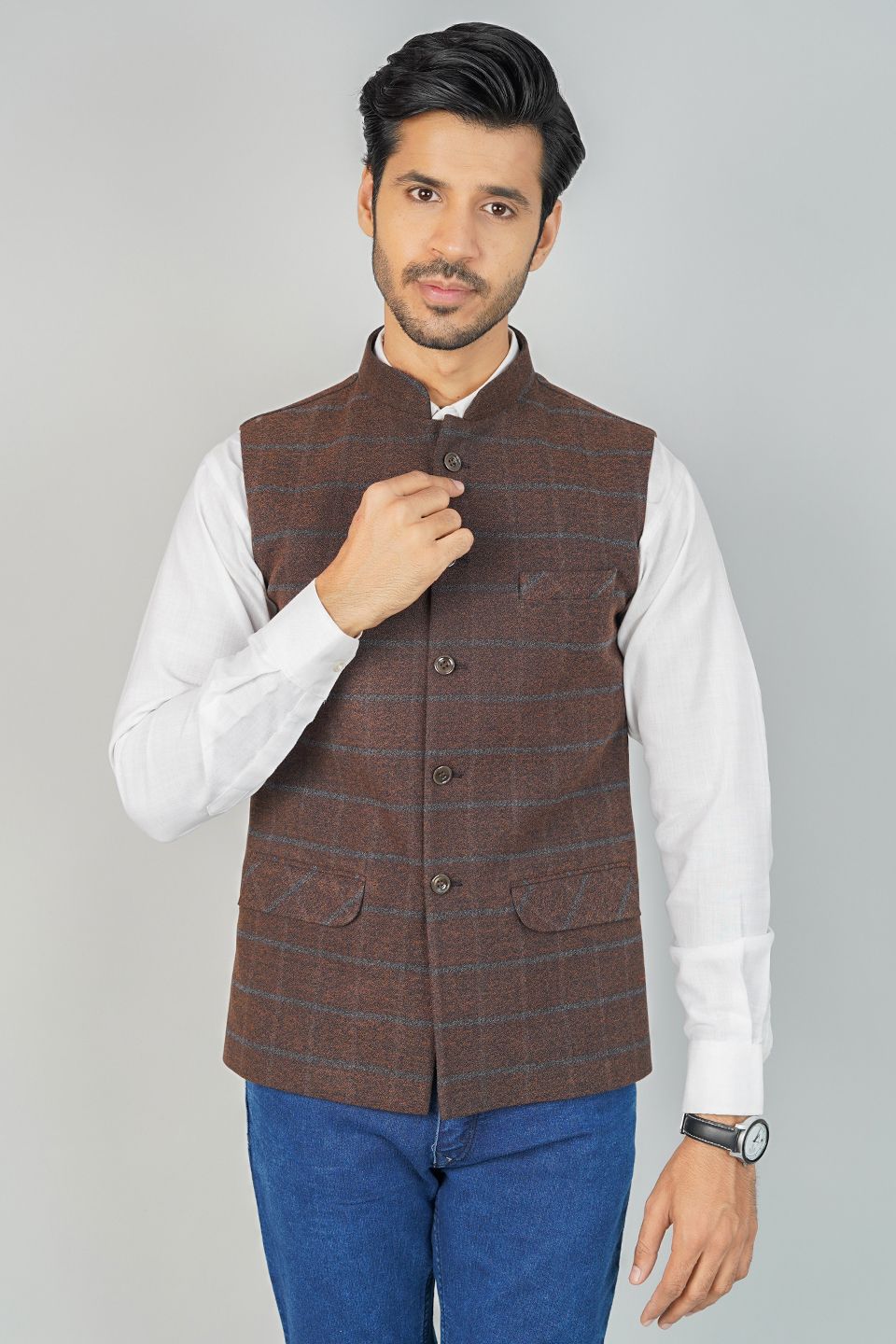 Tweed Check Brown Nehru Jacket