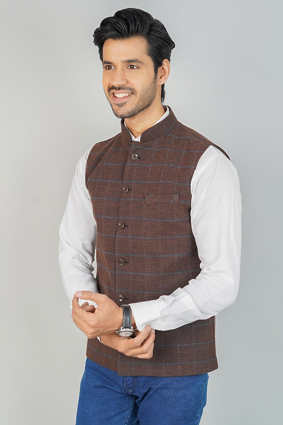 Tweed Check Brown Nehru Jacket