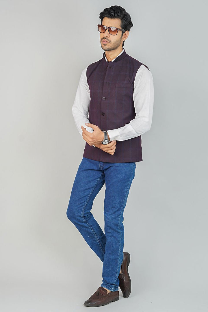 Tweed Check Red Nehru Jacket