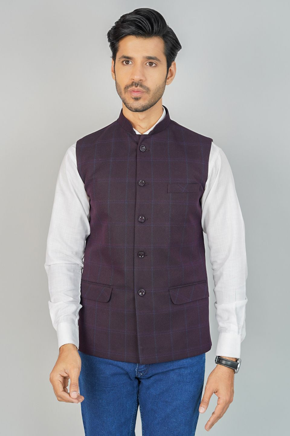 Tweed Check Red Nehru Jacket