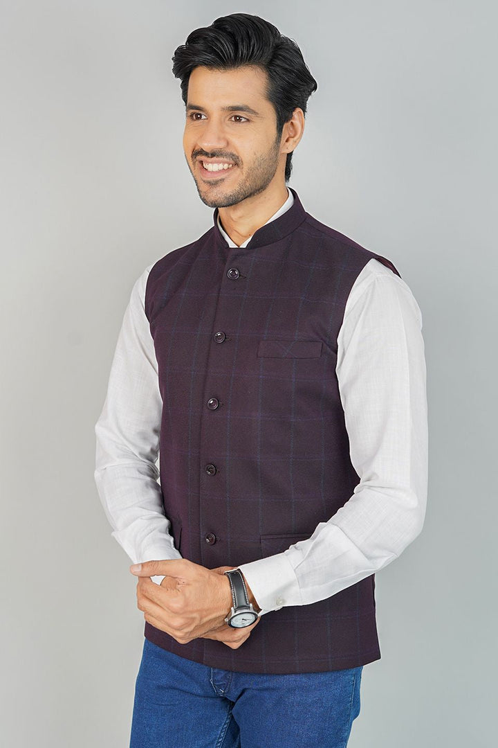 Tweed Check Red Nehru Jacket