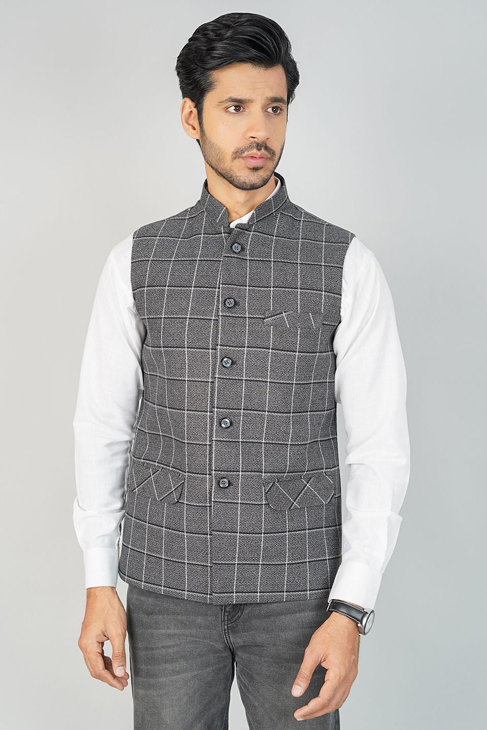 Tweed Check Grey Nehru Jacket