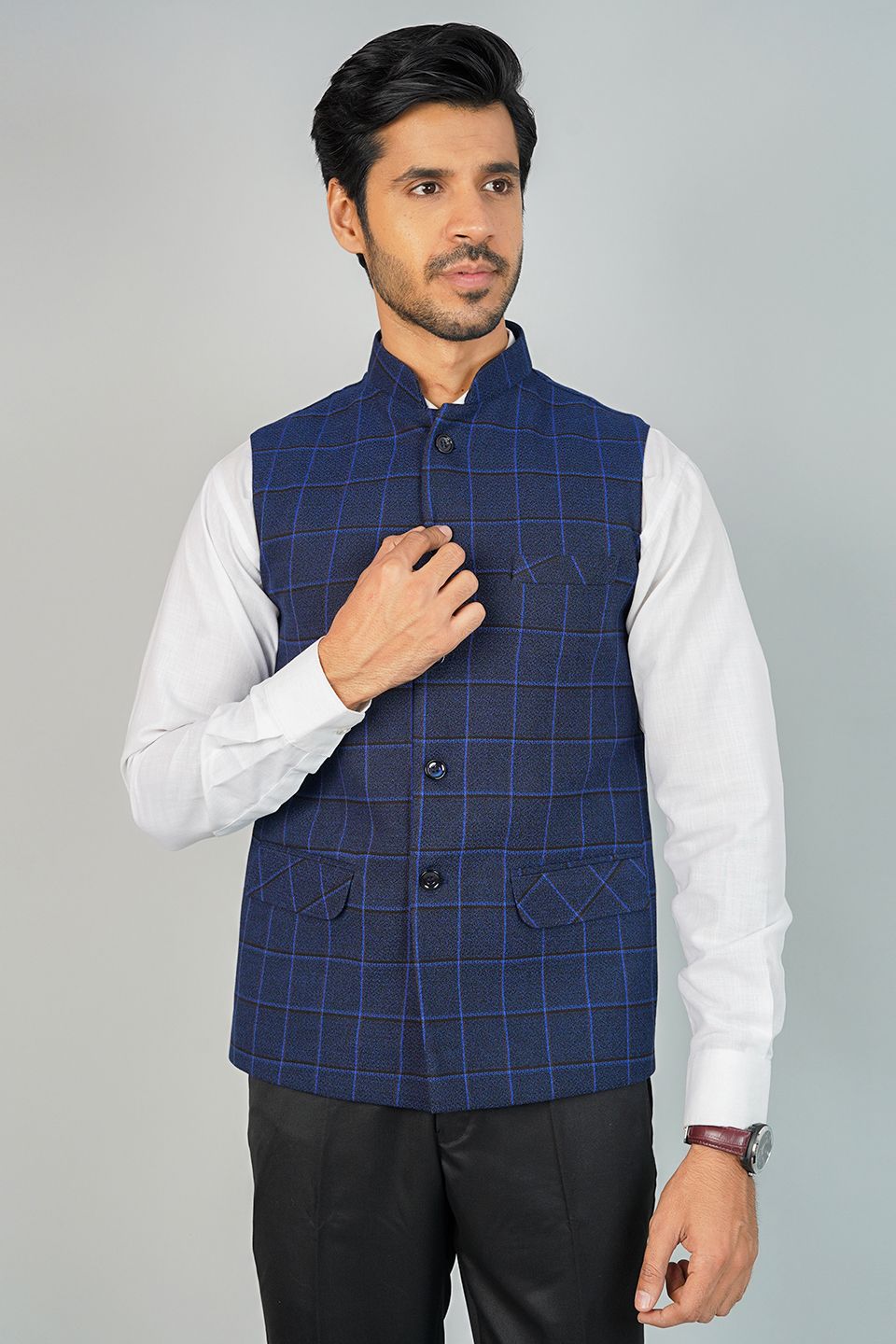Tweed Check Blue Nehru Jacket