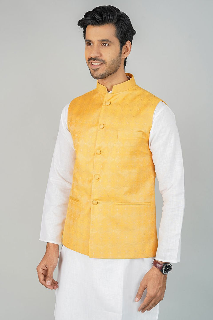Banarasi Rayon Cotton Yellow Nehru Jacket