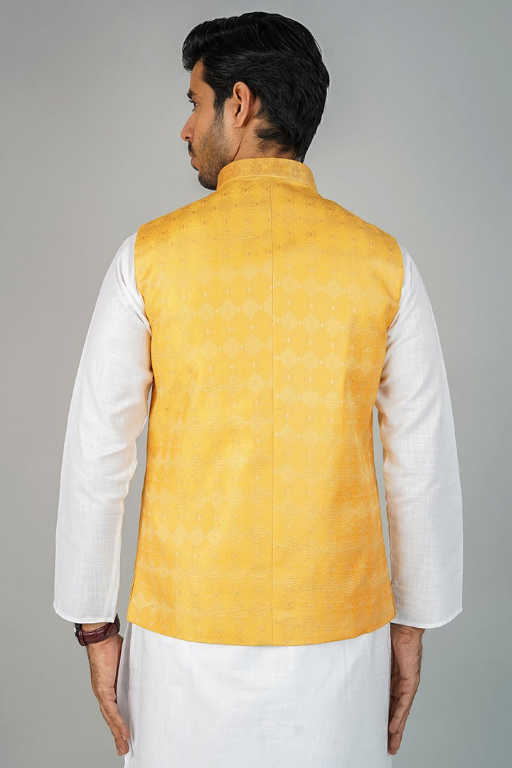 Banarasi Rayon Cotton Yellow Nehru Jacket