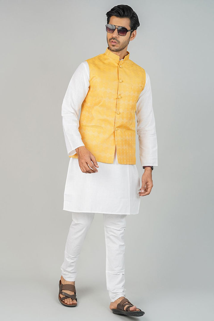 Banarasi Rayon Cotton Yellow Nehru Jacket