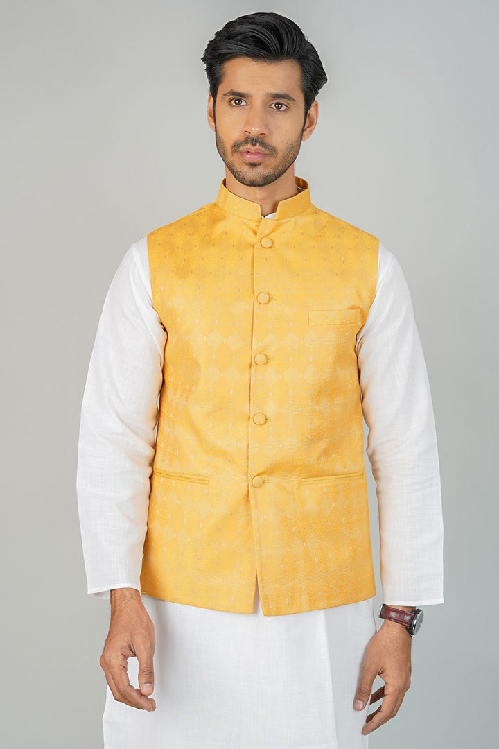 Banarasi Rayon Cotton Yellow Nehru Jacket