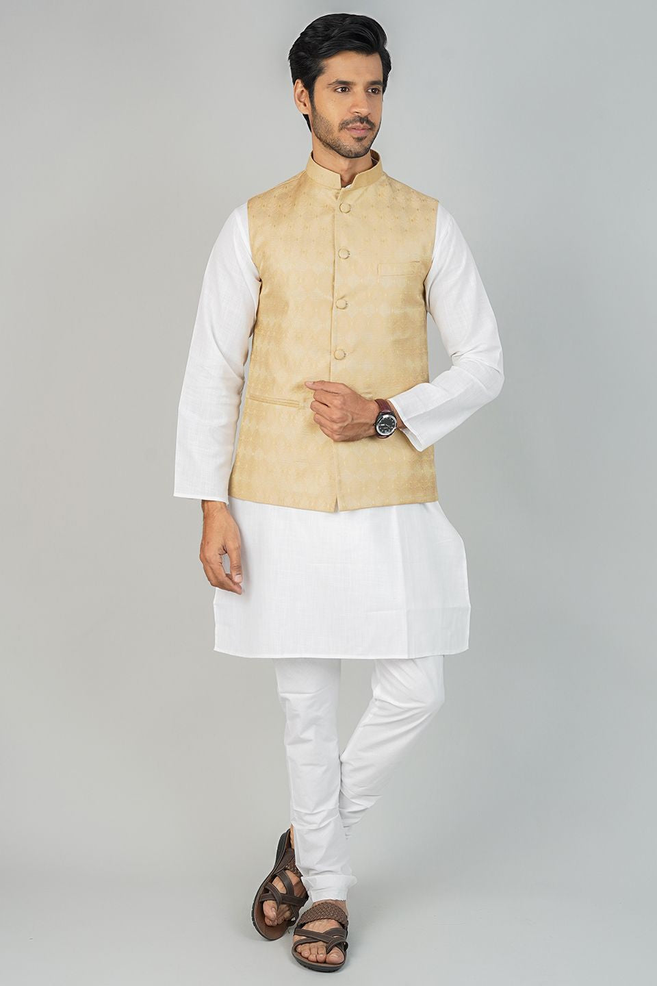 Banarasi Rayon Cotton Gold Nehru Jacket