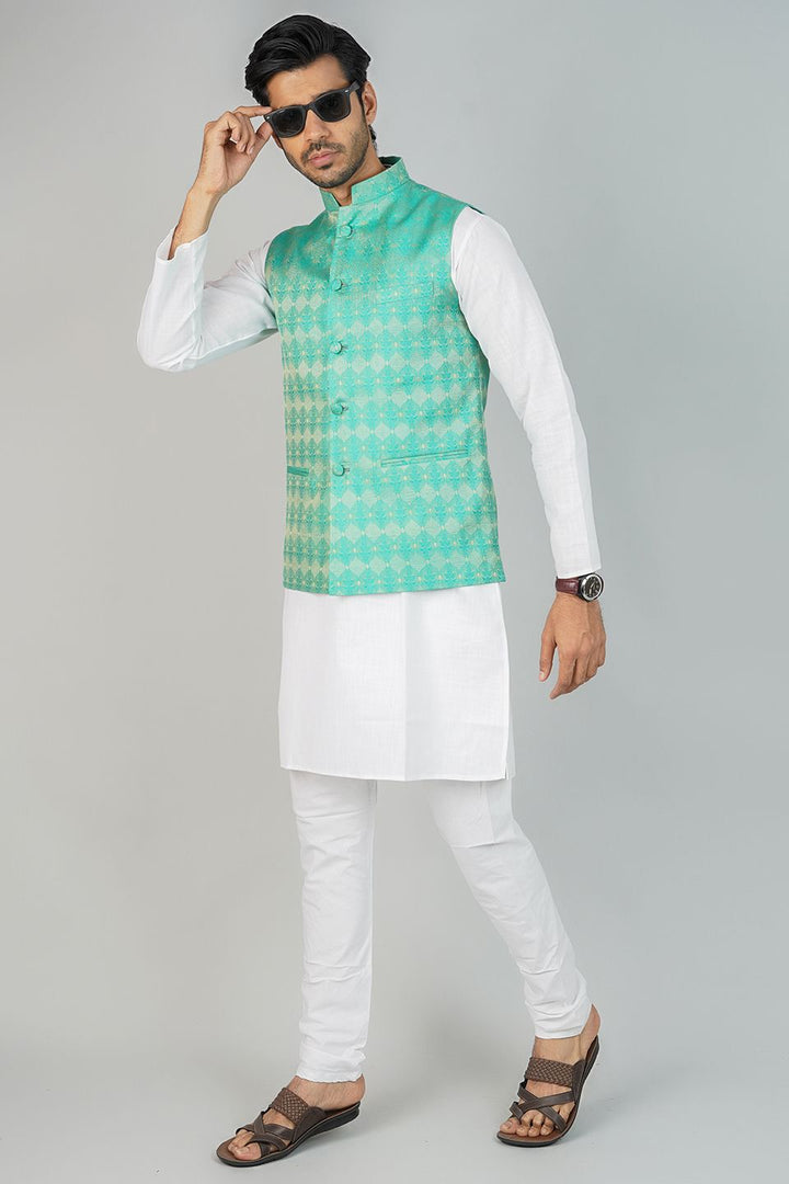 Banarasi Rayon Cotton Green Nehru Jacket