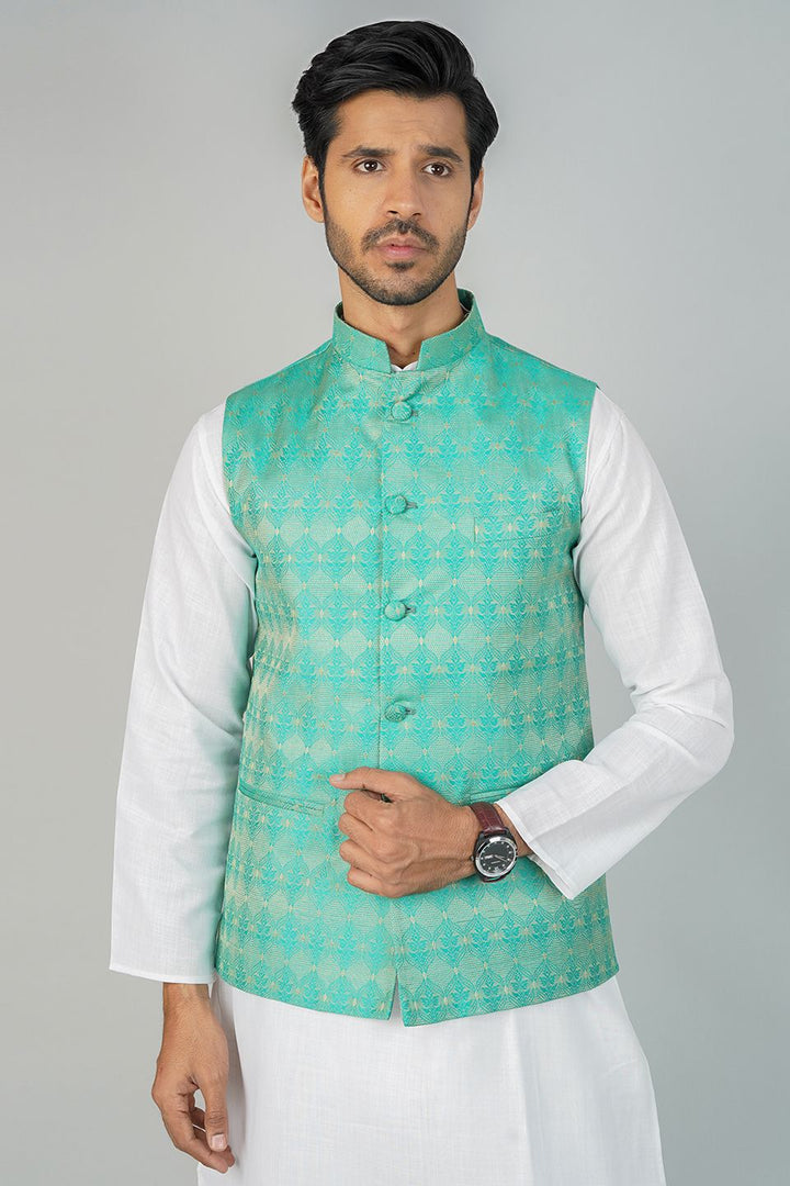 Banarasi Rayon Cotton Green Nehru Jacket
